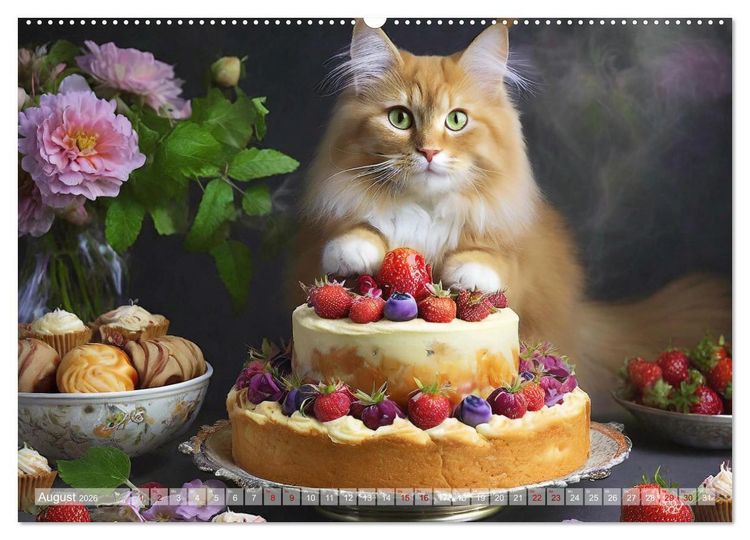 Produktbild: S&uuml;&szlig;e Naschkatzen - Pelzige Leckerm&auml;ulchen zwischen s&uuml;&szlig;en Desserts und Torten (Wandkalender 2026 DIN A2 quer), CALVENDO Monatskalender