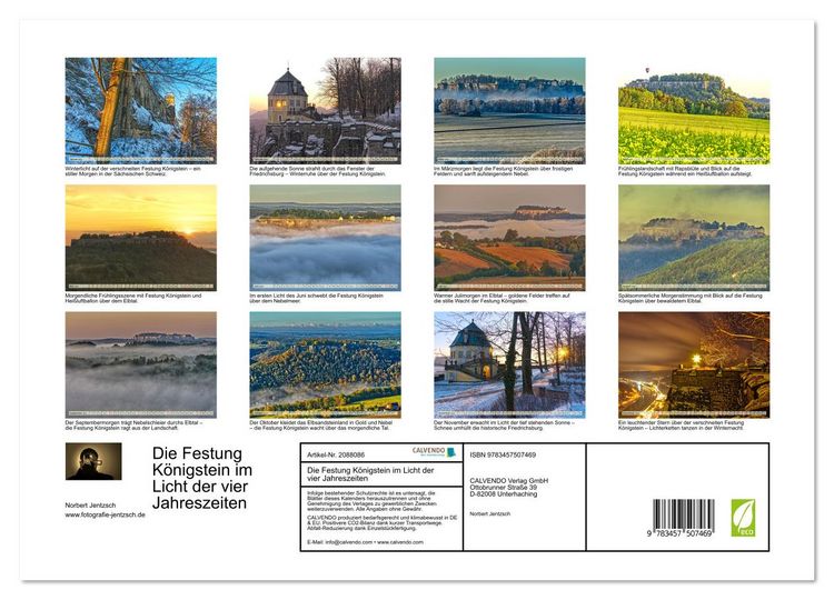 Produktbild: Die Festung K&ouml;nigstein im Licht der vier Jahreszeiten (Wandkalender 2026 DIN A3 quer), CALVENDO Monatskalender