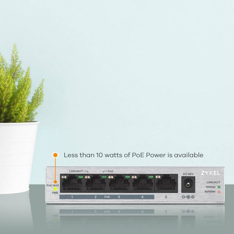 Produktbild: ZyXEL GS1005HP-EU0101F GS1005HP-EU0101F Netzwerk Switch 5 Port 2000MBit/s PoE-Funktion