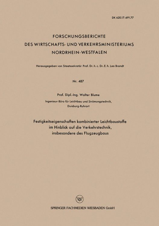Produktbild: Festigkeitseigenschaften kombinierter Leichtbaustoffe im Hinblick auf die Verkehrstechnik, insbesondere des Flugzeugbaus