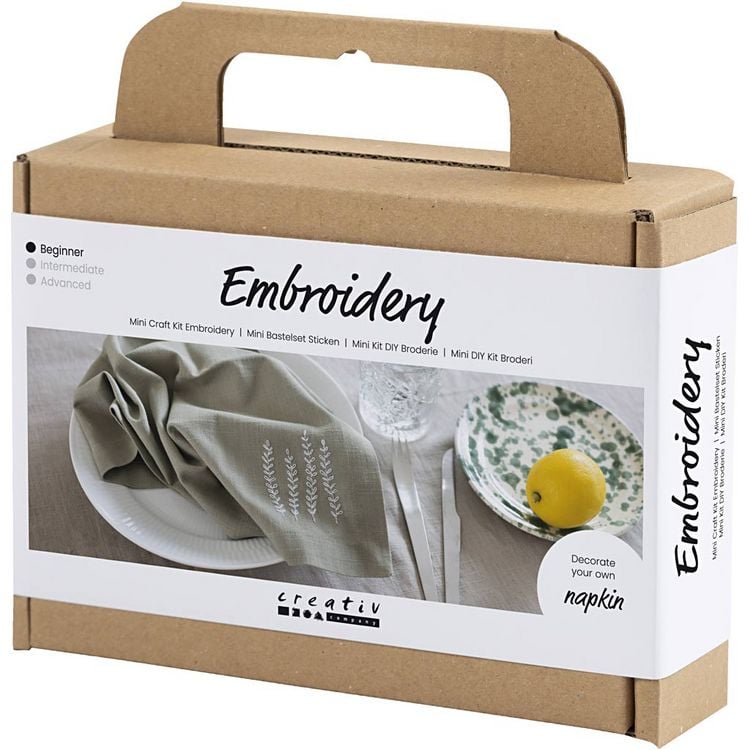 Produktbild: Creativ Company DIY Sets Sticken & Nadelstanzen Mini Kreativ Set Sticken, Staubgr&uuml;n, Serviette, Kreativ Box