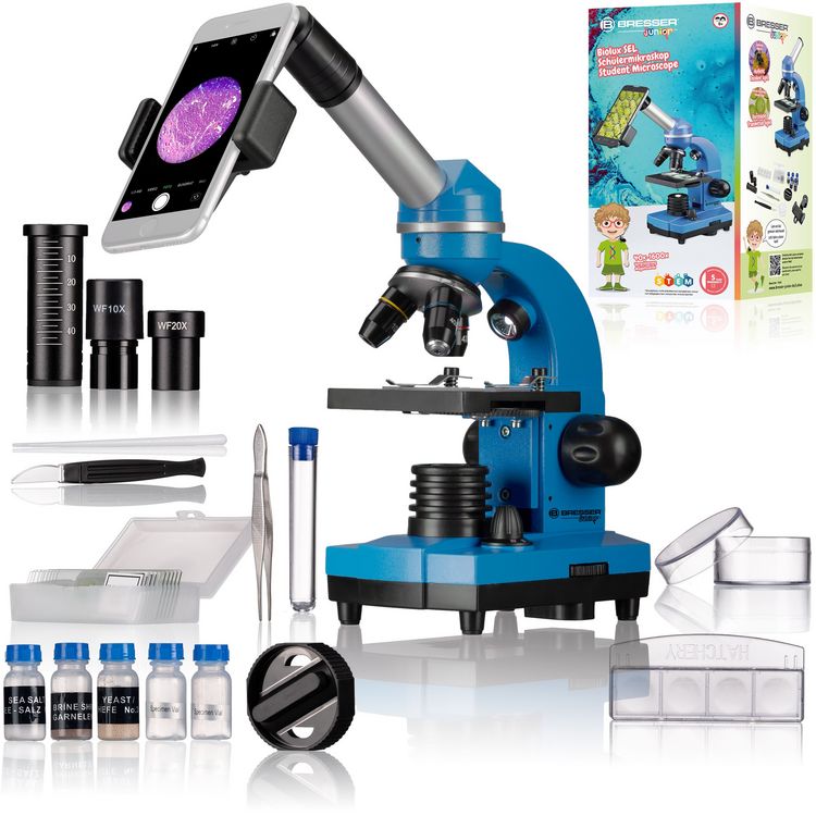 Produktbild: Bresser Junior 11188 - Sch&uuml;ler-Mikroskop Biolux SEL (blau), Auf- und Durchlichtmikroskop mit 40x-1.600-facher Vergr&ouml;&szlig;erung