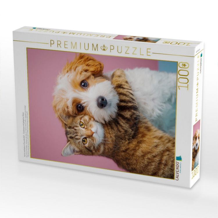 Produktbild: CALVENDO Puzzle Hund und Katze in Freundschaft - Cockerpoo mit getigerter Katze | 1000 Teile Lege-Gr&ouml;&szlig;e 64x48cm Foto-Puzzle f&uuml;r gl&uuml;ckliche Stunden