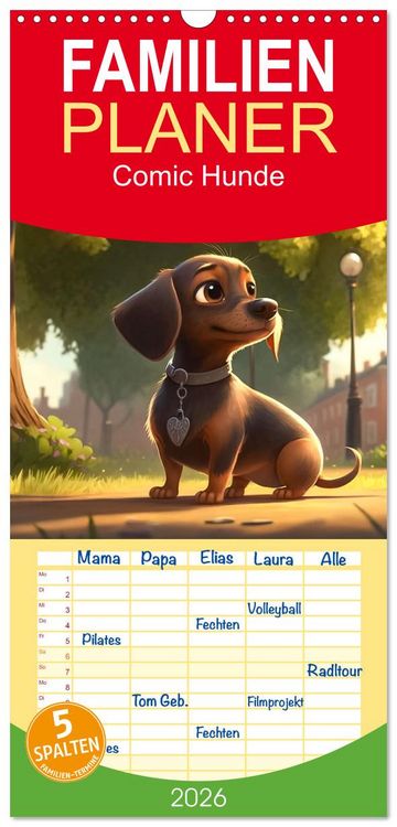 Produktbild: Familienplaner 2026 - Comic Hunde mit 5 Spalten (Wandkalender, 21 x 45 cm) CALVENDO
