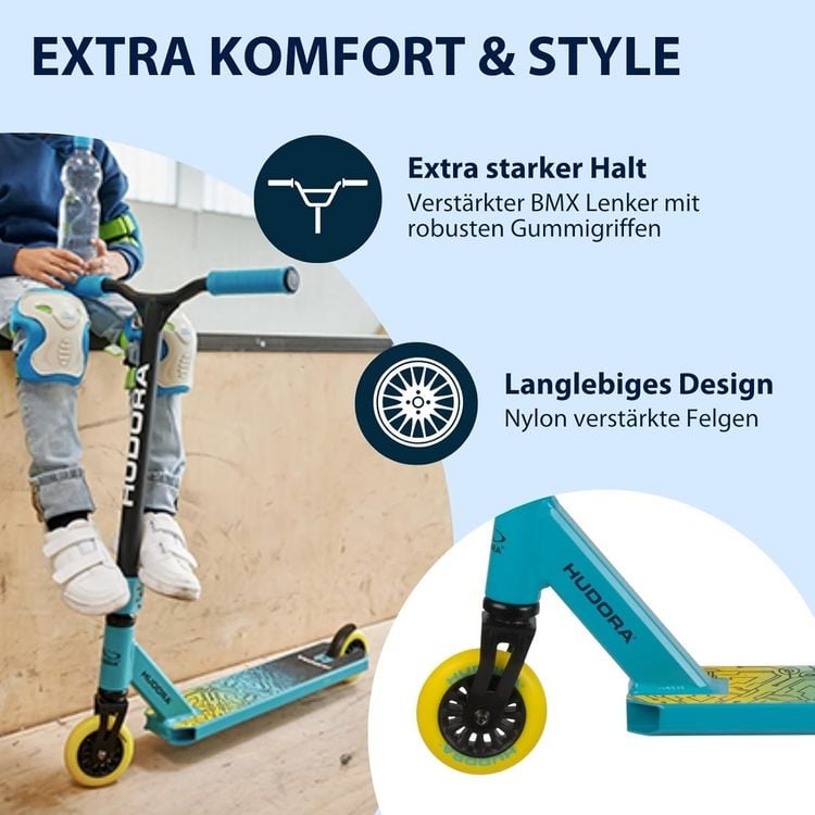 Produktbild: HUDORA 14058 - Stunt Scooter Kids hellblau, Cityroller f&uuml;r Kinder von ca. 6-10 Jahren
