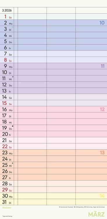 Produktbild: Superplaner Farbenfroh 2026 - Familien-Timer 22x45 cm - mit Ferienterminen - 3 Spalten - Wand-Planer - mit vielen Zusatzinformationen - Alpha Edition
