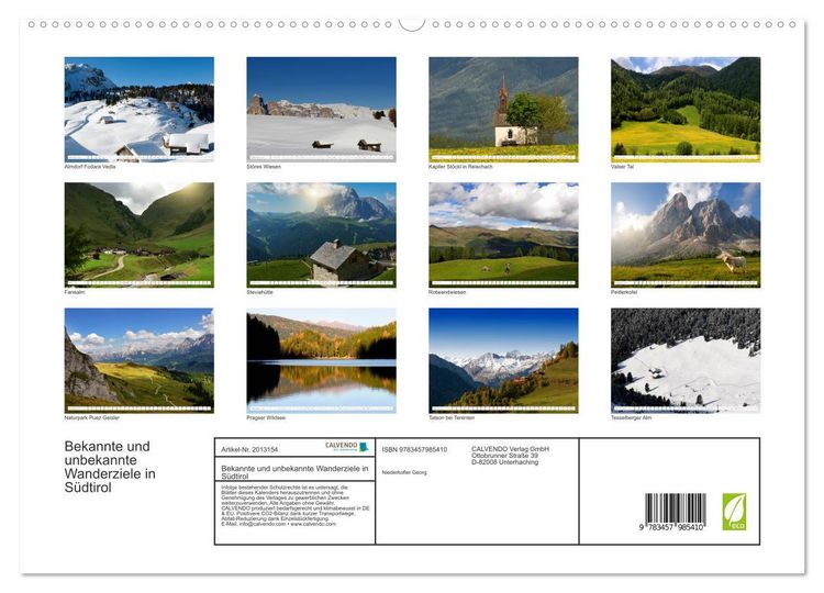 Produktbild: Bekannte und unbekannte Wanderziele in S&uuml;dtirol (hochwertiger Premium Wandkalender 2026 DIN A2 quer), Kunstdruck in Hochglanz