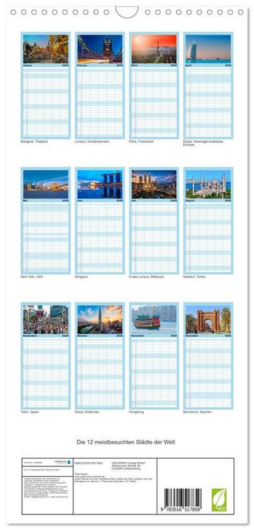 Produktbild: Familienplaner 2026 - Die 12 meistbesuchten St&auml;dte der Welt mit 5 Spalten (Wandkalender, 21 x 45 cm) CALVENDO