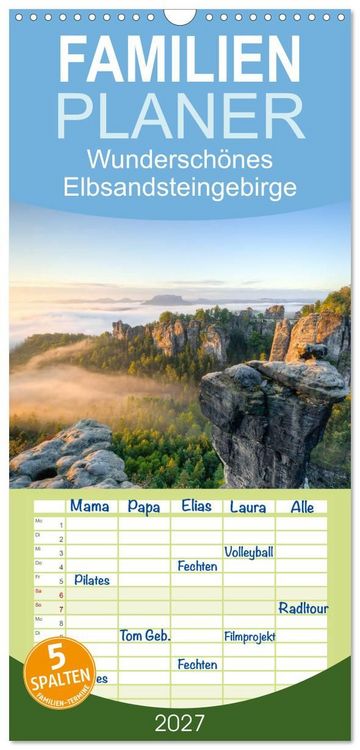 Produktbild: Familienplaner 2027 - Wundersch&ouml;nes Elbsandsteingebirge mit 5 Spalten (Wandkalender, 21 x 45 cm) CALVENDO