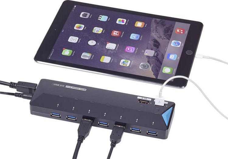 Produktbild: Renkforce RF-3806034 USB-Hub 7 Port USB-A USB 3.0 5 GBit/s mit Schnellladeport, mit Status-LEDs Schwarz