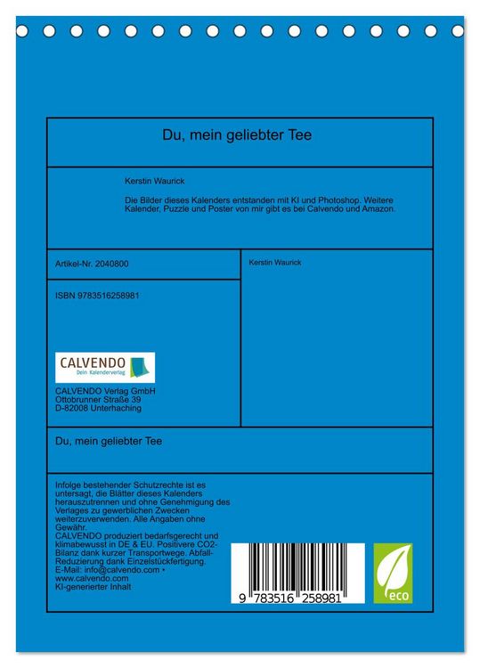Produktbild: Du, mein geliebter Tee (Tischkalender 2026 DIN A5 hoch), CALVENDO Monatskalender