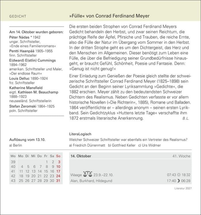 Produktbild: Literatur Tagesabrei&szlig;kalender 2027 - Kulturkalender - Autoren, Werke, H&ouml;rb&uuml;cher