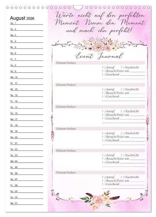 Produktbild: Geburtstagsplaner Boho Rosa - F&uuml;r Termine, Geschenke, Eventdetails & mehr (Wandkalender 2026 DIN A3 hoch), CALVENDO Monatskalender