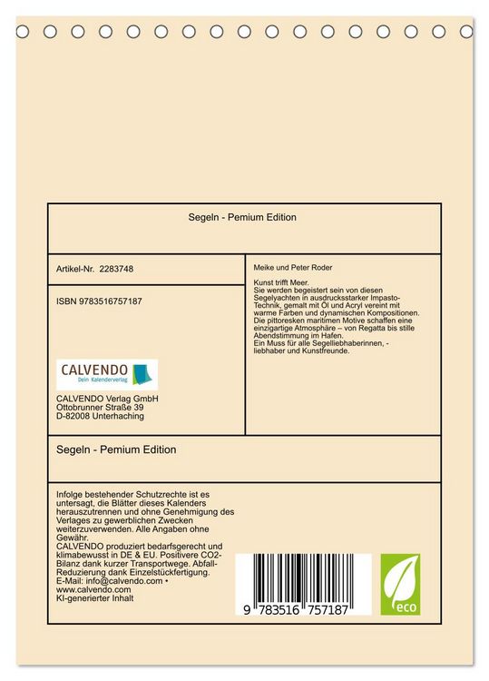Produktbild: Segeln - Pemium Edition (Tischkalender 2027 DIN A5 hoch), CALVENDO Monatskalender