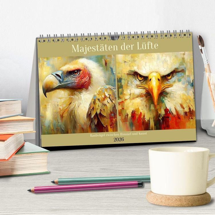 Produktbild: Majest&auml;ten der L&uuml;fte. Raubv&ouml;gel zwischen Himmel und Kunst (Tischkalender 2026 DIN A5 quer), CALVENDO Monatskalender