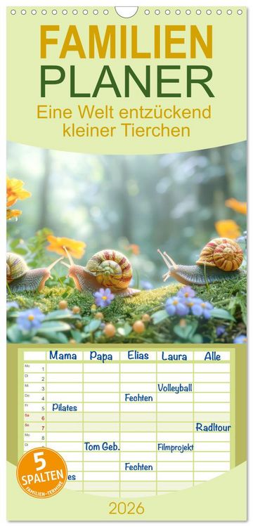 Produktbild: Familienplaner 2026 - Eine Welt entz&uuml;ckend kleiner Tierchen mit 5 Spalten (Wandkalender, 21 x 45 cm) CALVENDO