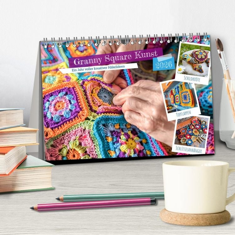 Produktbild: Granny Square Kunst - Ein Jahr voller kreativer H&auml;kelideen (Tischkalender 2026 DIN A5 quer), CALVENDO Monatskalender