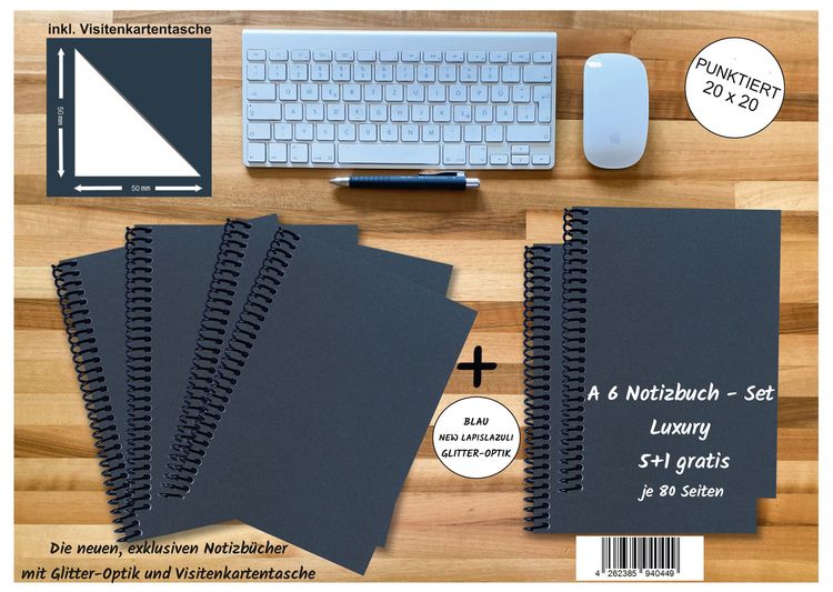 Produktbild: A 6 Notizbuch - Set, 5+1 gratis, Luxury 80 Seiten BLAU NEW LAPISLAZULI GLITTER-OPTIK, punktiert 20x20mm