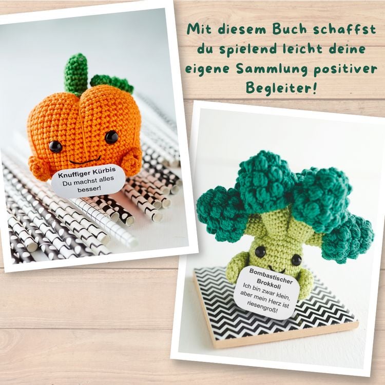 Produktbild: Emotional Support Veggies. Kleine H&auml;kelfiguren mit positiven Botschaften