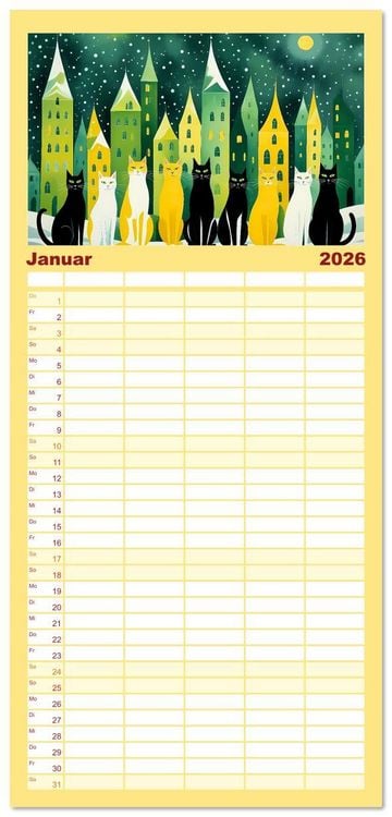 Produktbild: Familienplaner 2026 - Schnurrendes Katzenget&uuml;mmel mit 5 Spalten (Wandkalender, 21 x 45 cm) CALVENDO