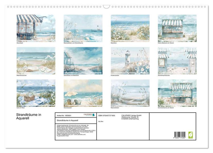 Produktbild: Strandtr&auml;ume in Aquarell (Wandkalender 2026 DIN A2 quer), CALVENDO Monatskalender
