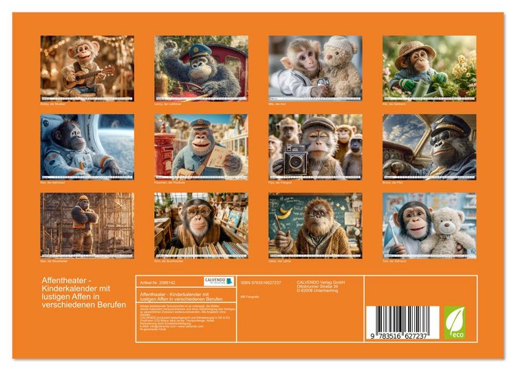 Produktbild: Affentheater - Kinderkalender mit lustigen Affen in verschiedenen Berufen (Wandkalender 2026 DIN A4 quer), CALVENDO Monatskalender
