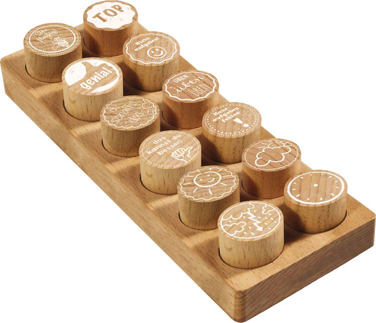 Produktbild: COLOP Woodies Holzstempel Set Motivation, mit 12 Motiven, Abdruckgr&ouml;&szlig;e: &Oslash; 29 mm, eckig