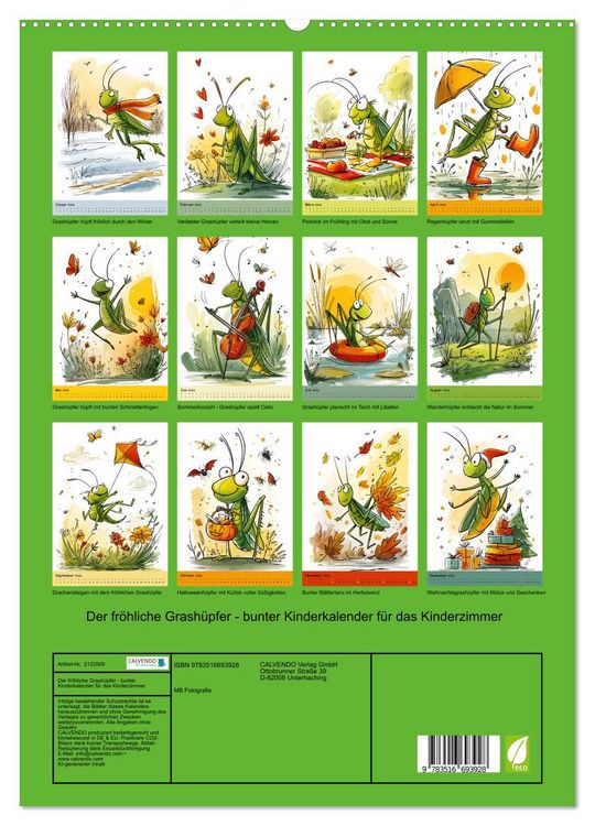 Produktbild: Der fr&ouml;hliche Grash&uuml;pfer - bunter Kinderkalender f&uuml;r das Kinderzimmer (hochwertiger Premium Wandkalender 2026 DIN A2 hoch), Kunstdruck in Hochglanz