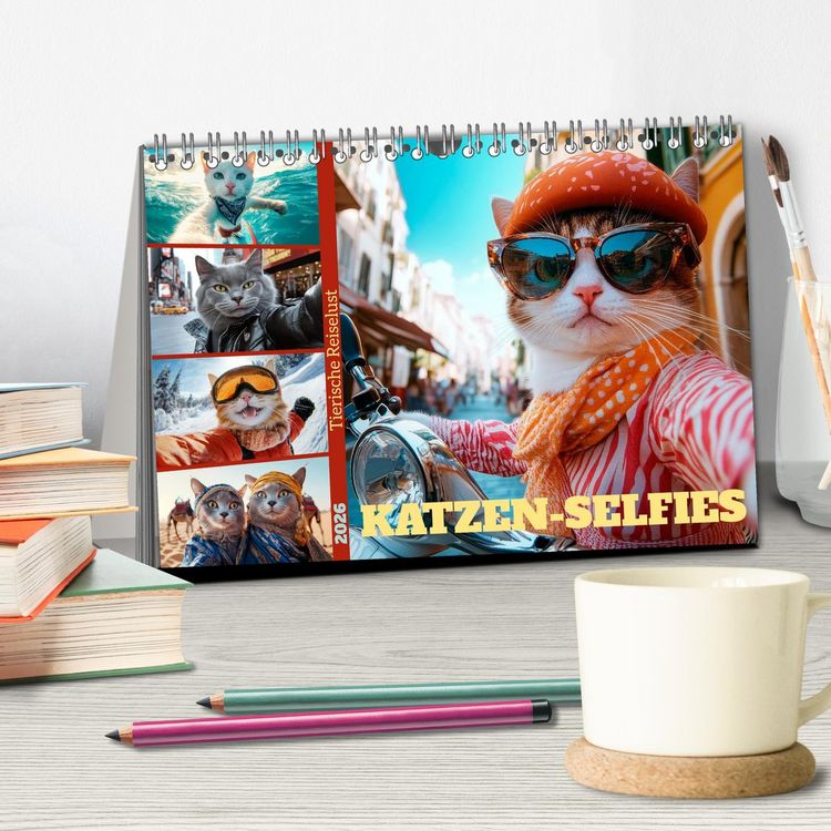 Produktbild: KATZEN-SELFIES Tierische Reiselust (Tischkalender 2026 DIN A5 quer), CALVENDO Monatskalender