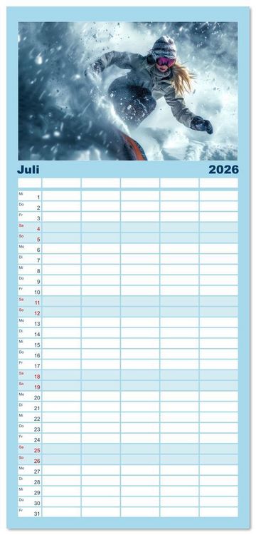 Produktbild: Familienplaner 2026 - Kufen, Ski & Snowboard mit 5 Spalten (Wandkalender, 21 x 45 cm) CALVENDO
