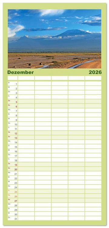 Produktbild: Familienplaner 2026 - Entdeckungen am Kilimandscharo mit 5 Spalten (Wandkalender, 21 x 45 cm) CALVENDO