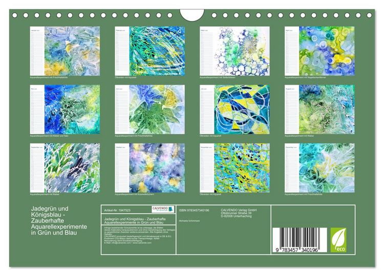 Produktbild: Jadegr&uuml;n und K&ouml;nigsblau - Zauberhafte Aquarellexperimente in Gr&uuml;n und Blau (Wandkalender 2026 DIN A4 quer), CALVENDO Monatskalender