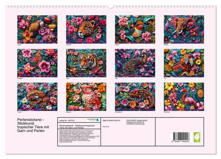 Produktbild: Perlenstickerei - Stickkunst tropischer Tiere mit Garn und Perlen (hochwertiger Premium Wandkalender 2026 DIN A2 quer), Kunstdruck in Hochglanz