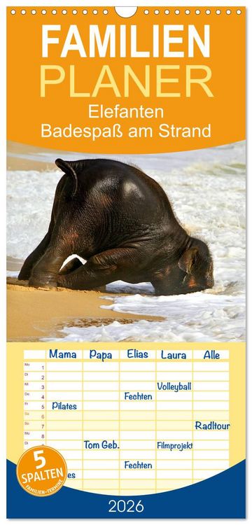 Produktbild: Familienplaner 2026 - Elefanten. Badespa&szlig; am Strand mit 5 Spalten (Wandkalender, 21 x 45 cm) CALVENDO