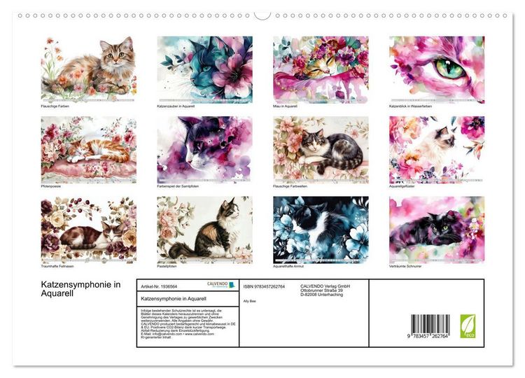 Produktbild: Katzensymphonie in Aquarell (hochwertiger Premium Wandkalender 2026 DIN A2 quer), Kunstdruck in Hochglanz