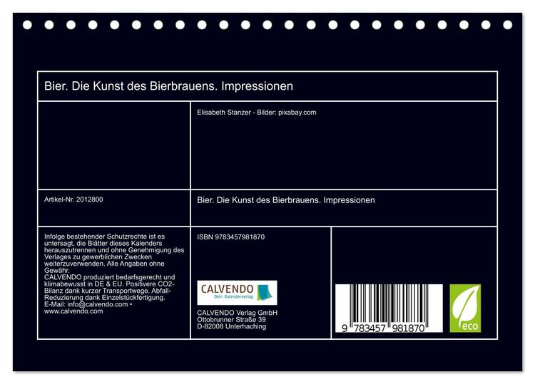 Produktbild: Bier. Die Kunst des Bierbrauens. Impressionen (Tischkalender 2026 DIN A5 quer), CALVENDO Monatskalender