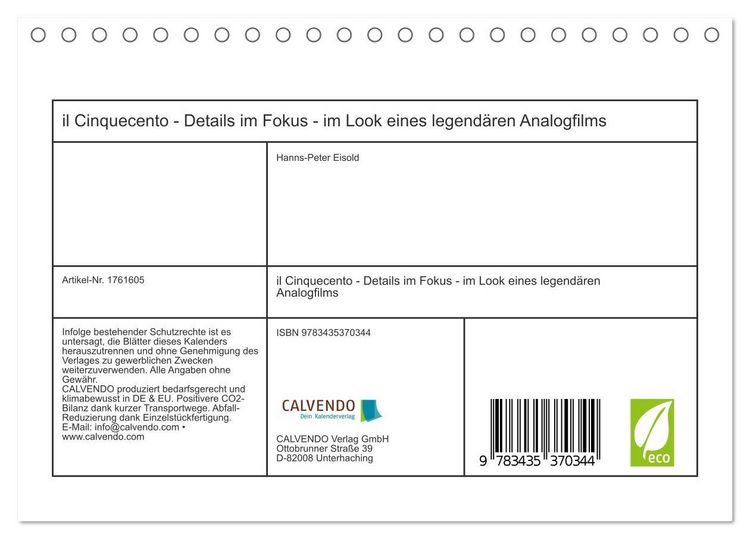 Produktbild: il Cinquecento - Details im Fokus - im Look eines legend&auml;ren Analogfilms (Tischkalender 2025 DIN A5 quer), CALVENDO Monatskalender