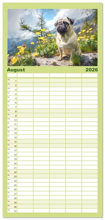 Produktbild: Familienplaner 2026 - Mops trifft Berglust. Fidele Gipfelst&uuml;rmer im H&ouml;henrausch mit 5 Spalten (Wandkalender, 21 x 45 cm) CALVENDO