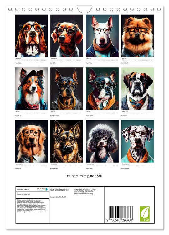 Produktbild: Hunde im Hipster Stil (Wandkalender 2026 DIN A4 hoch), CALVENDO Monatskalender