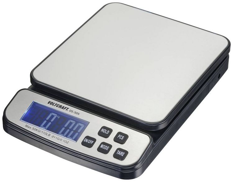 Produktbild: VOLTCRAFT DS-50S Tischwaage W&auml;gebereich (max.) 50 kg Ablesbarkeit 1 g batteriebetrieben, &uuml;ber Steckernetzteil (Optional) Silber