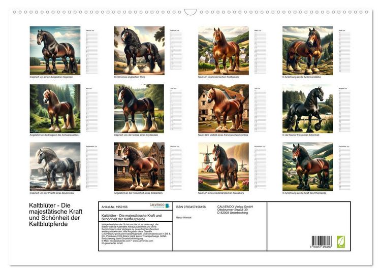 Produktbild: Kaltbl&uuml;ter - Die majest&auml;tische Kraft und Sch&ouml;nheit der Kaltblutpferde (Wandkalender 2026 DIN A2 quer), CALVENDO Monatskalender