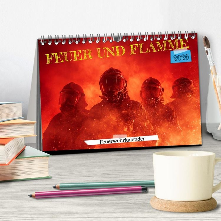 Produktbild: Feuer und Flamme - Feuerwehrkalender (Tischkalender 2026 DIN A5 quer), CALVENDO Monatskalender