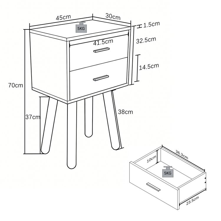 Produktbild: Nachttisch mit 2 Schublade 45x30x56 cm Singol XXL