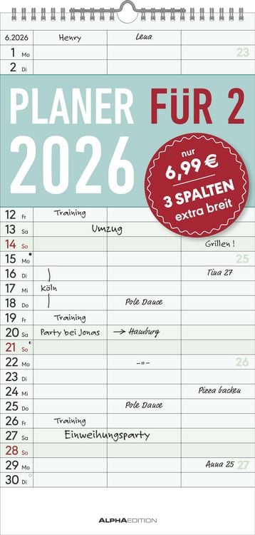 Bild vom Artikel Planer für zwei 2026 mit 3 Spalten - Familien-Timer 22x45 cm - Offset-Papier - mit Ferienterminen - Wand-Planer - Familienkalender - Alpha Edition vom Autor Alpha Edition