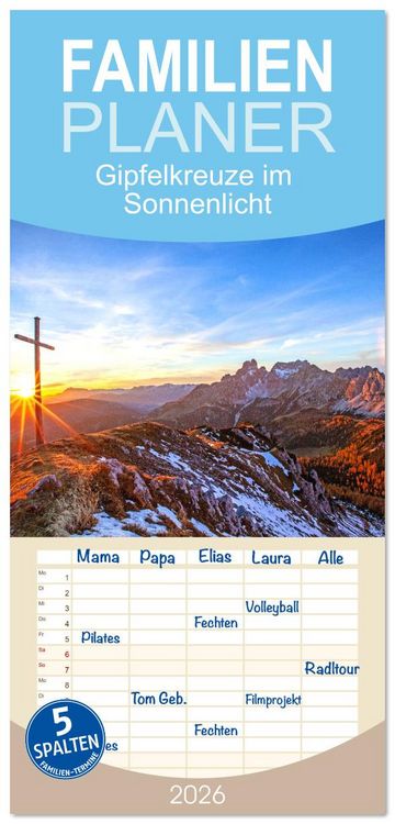 Produktbild: Familienplaner 2026 - Gipfelkreuze im Sonnenlicht mit 5 Spalten (Wandkalender, 21 x 45 cm) CALVENDO
