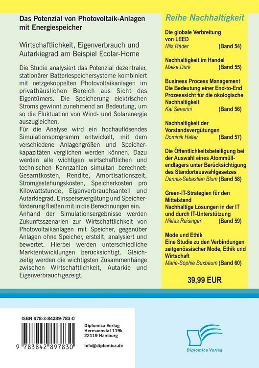 Produktbild: Das Potenzial von Photovoltaik-Anlagen mit Energiespeicher: Wirtschaftlichkeit, Eigenverbrauch und Autarkiegrad am Beispiel Ecolar-Home