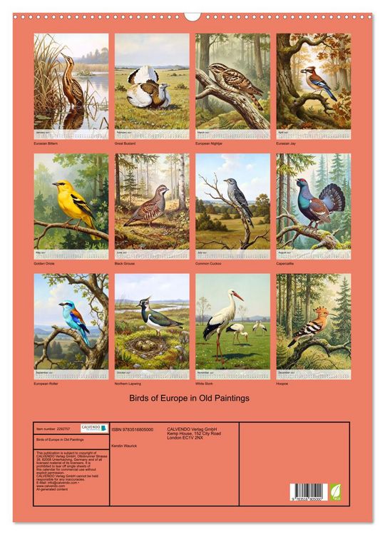 Produktbild: Birds of Europe in Old Paintings (Wall Calendar 2027 DIN A2 portrait), CALVENDO 12 Month Wall Calendar