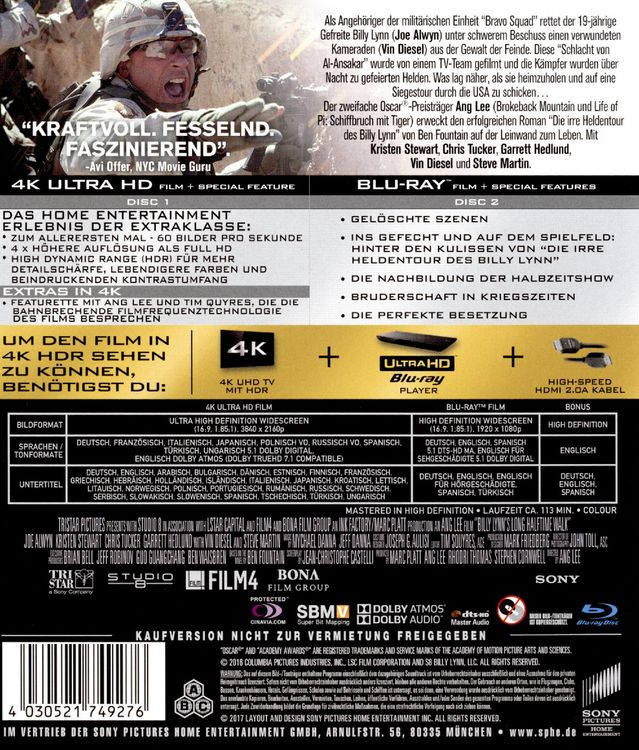 Produktbild: Die irre Heldentour des Billy Lynn (4K Ultra HD) (+ Blu-ray 2D)
