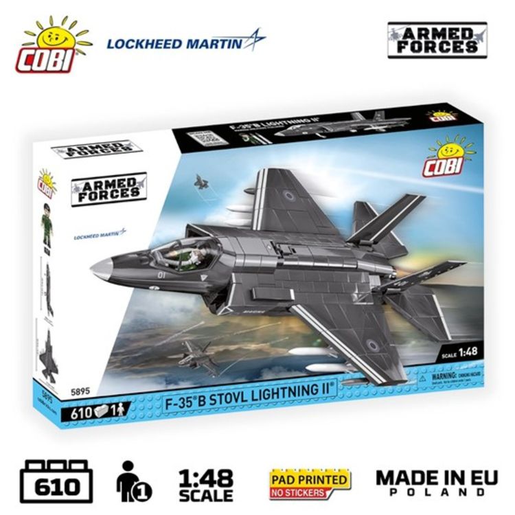 Produktbild: COBI Armed Forces 5895 - F-35 B Stovil Lightning II, 1:48 Bausatz, 610 Klemmbausteine, 1 Figur
