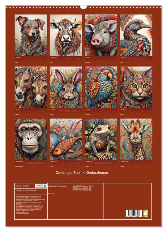 Produktbild: Zentangle Zoo im Kinderzimmer (Wandkalender 2026 DIN A2 hoch), CALVENDO Monatskalender
